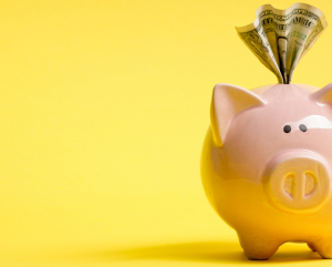 Piggy bank with money sticking out. Graphic to represent title of blog post 'Financial Wellness' month.